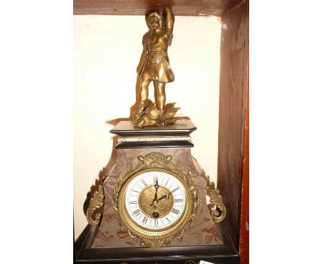 French ormolu mounted and shaped marble mantle clock having brass and enamel dial surmounted by classical figures (A/F)