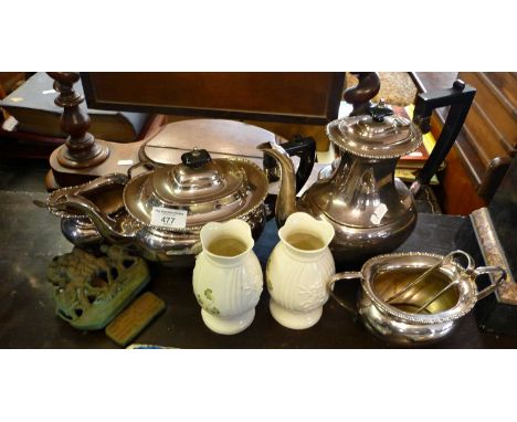 Four piece silver plated tea set and a "Widdecombe Fair" brass door knocker. Together with a pair of Donegal Belleek china va