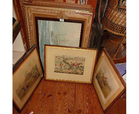 Three Alken sporting prints and a colour print of a tall ship