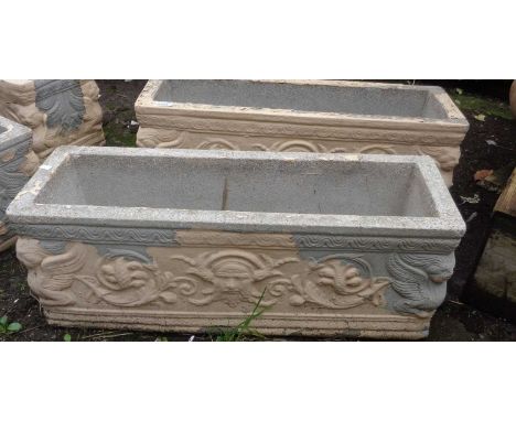 Two stonework rectangular garden planters
