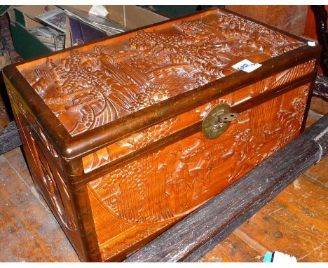 Small Chinese carved camphorwood chest or trunk, 20" x 12" x 11"