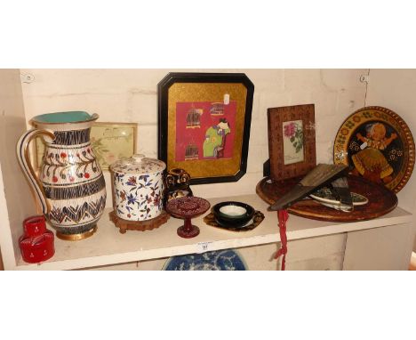 Shelf of assorted items including mid-century china jug etc