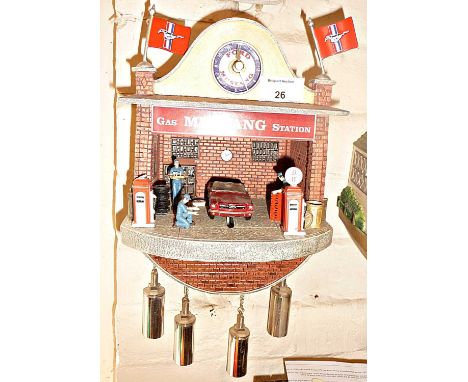 Novelty cuckoo clock "Mustang Garage" automaton depicting car mechanics' workshop