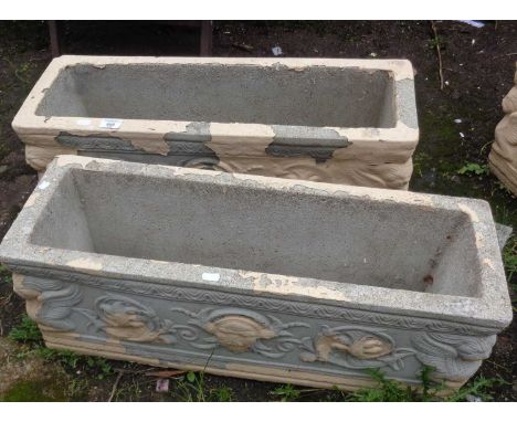 Two stonework rectangular garden planters
