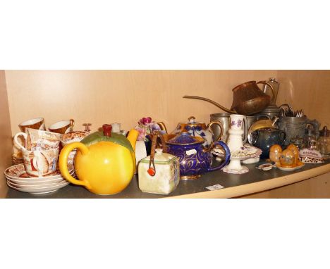 Assorted china &amp; metalware etc (one shelf)