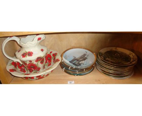 Jug &amp; basin, ten Royal Worcester Peter Barrett gardens plates, and six Franklin Mint plates of Great Ships