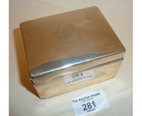 Victorian silver cigarette box with engraved crest to lid. Has a teak lining and measuring approx. 9cm across, damage to one 