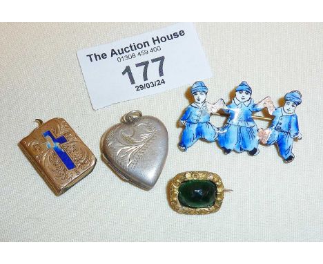 Yellow metal and enamel miniature bible locket (A/F) and other jewellery