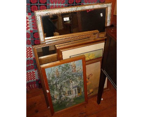 Three gilt-framed wall mirrors, two prints and an oil on board of a garden