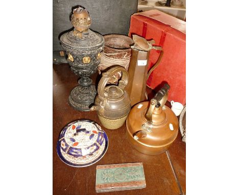 Victorian cast metal oil lamp base, Arts &amp; Crafts copper jug, Studio pottery kettle, copper kettle, another vase and an I