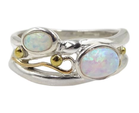 Silver and 14ct gold wire two stone opal ring, stamped 925