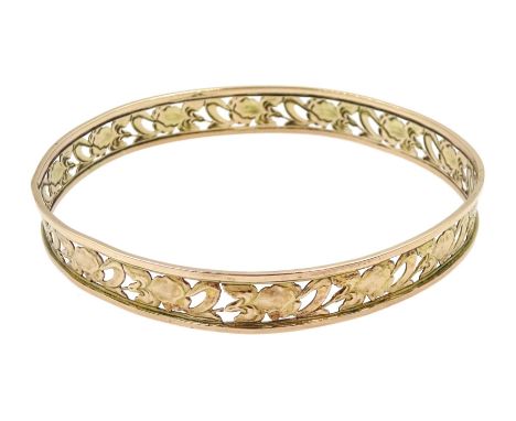 10ct gold flower design open work bangle, approx 13.6gm