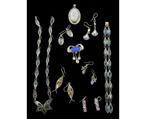 Silver opal doublet and moonstone pendant/brooch, makers mark CM, London 1976, Mexican silver abalone shell fish necklace, br