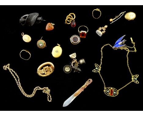 Collection of Victorian and later jewellery including 8ct gold chain, 9ct gold ring and buckle brooch, jet compass, pinchbeck