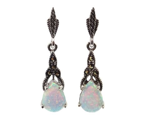 Pair of silver opal and marcasite pendant earrings, stamped 925