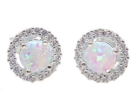 Pair of silver opal and cubic zirconia stud earrings, stamped 925