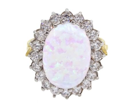 Silver-gilt oval opal and cubic zirconia ring, stamped Sil