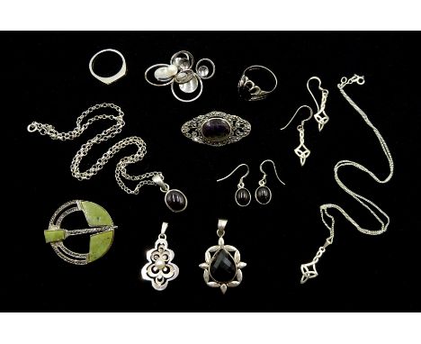 Collection of silver jewellery including Irish Celtic design, marcasite and stone set brooch, Dublin 1970, Blue John and marc