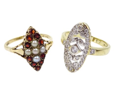 Gold cubic zirconia marquise shape dress ring and a gold garnet and split seed pearl ring, both hallmarked 9ct