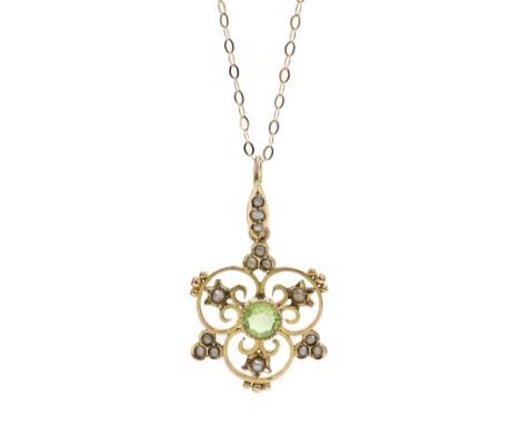 Edwardian gold peridot and seed pearl pendant, stamped 9ct, on later 9ct gold necklace, stamped 375