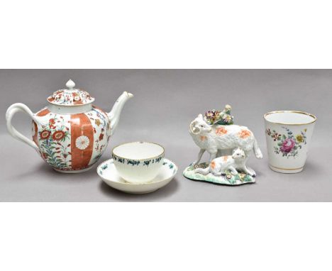 A Worcester faceted teapot and cover, circa 1770, with orange and gilt ground bands painted with mons and interspersed with p