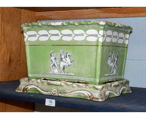 A 19th century Copeland &amp; Garrett planter on stand, green glazed and decorated with Roman figures, 37cm by 27cm by 36cm