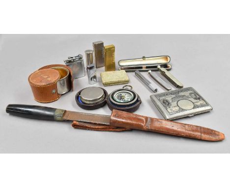 Two Dunhill Rollagas lighters, a 9ct gold tortoiseshell mounted cheroot holder, a shagreen case, cigar cutters, compass, horn