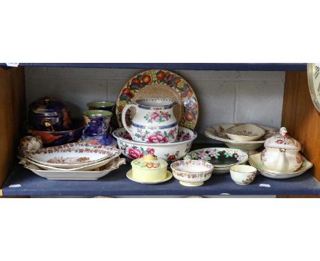 A collection of assorted Maling pottery including landscape decorated wares, teapot, jug and bowl etc (one shelf)