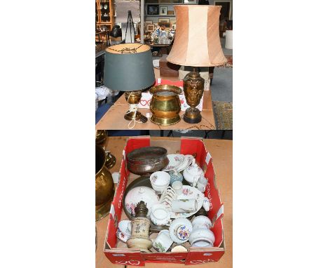 A glass table lamp of classical form, another table lamp, a brass coal bucket and a box of mixed ceramics