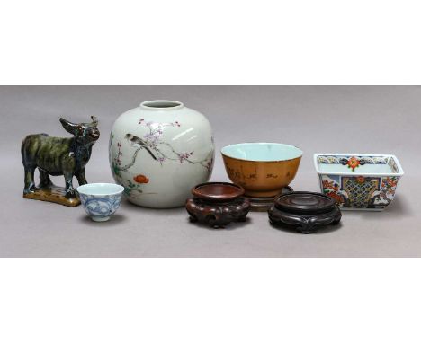 A Chinese glazed stoneware model of a cow, three Chinese porcelain bowls and a ginger jar (lacking cover)Cow - crazed through