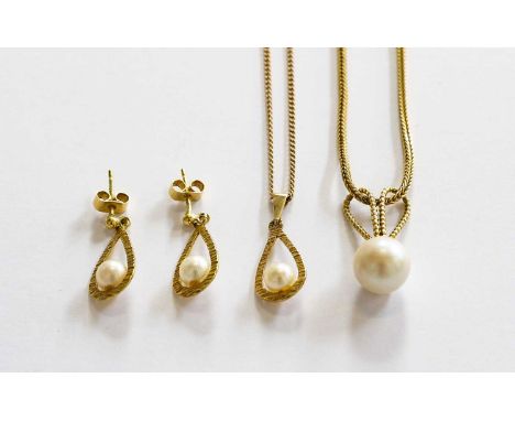 A 9 carat gold cultured pearl pendant on chain, pendant length 2.4cm, chain length 49cm; another cultured pearl pendant on ch