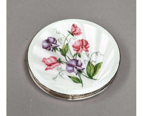 Walker &amp; Hall silver compact with enamel mount decorated with sweet peas