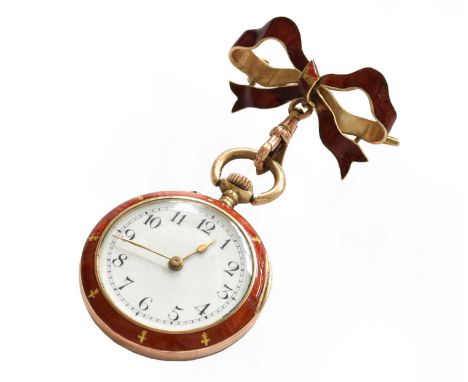 A lady's enamel fob watch with attached enamel brooch, watch case stamped inside K10, brooch is stamped 10