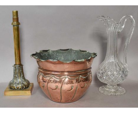 A Victorian vaseline glass oil lamp shade with cranberry tint, together with an Arts &amp; Crafts copper planter, a brass can
