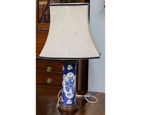 A Chinese blue and white sleeve vase mounted as a lamp, a further Chinese porcelain lamp, and a Japanese cloisonne bowl (3)Ch