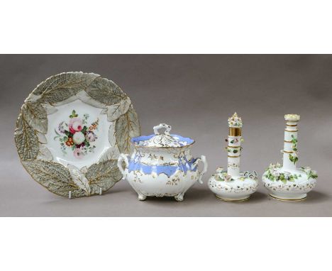 Two Rockingham scent bottles, sucrier and primrose platePlate - rubbing and paint scratches. Sugar bowl - firing flaws, rubbi