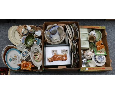 Three boxes of 20th century pottery and china, including: Shorter jug, Clarice Cliff plates, Sadler ginger jar, Danbury Mint 