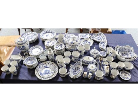 An assembled porcelain dinner service, decorated in underglaze blue, Zwiebelmuster (blue onion) pattern, Czechoslovakia after