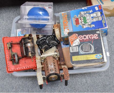 A box of toys, including: Palitoy Patti Pitta Pat, New Silver Astronaut, George robot etc, two writing slopes, car horns, lam