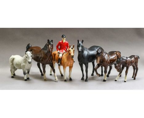 Beswick Large Racehorse, model No. 1564, grey gloss, three other grey gloss Beswick horses, five brown gloss Royal Doulton ho