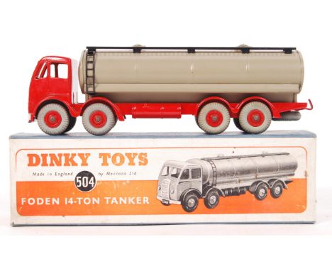 An original vintage rare Dinky Toys boxed diecast model No. 504 ' Foden 14-Ton Tanker '. Red, with brown tank section to top.