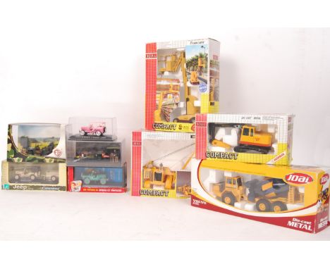 A collection of Diecast scale model construction vehicles by Joal to include Joal Compact Grove Manlift Toucan Hydraulic Arie