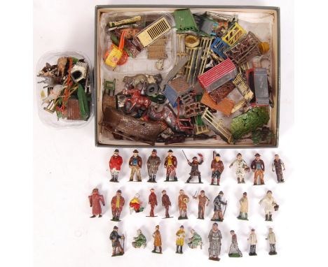 A good collection of assorted vintage Britains (and other) lead farm related figures, animals and scenery. To include various