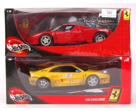 Two ' 100% Hot Wheels ' made 1:18 scale precision diecast model cars. ' F355 Challenge ' and ' 56293 Ferrari '. Both models i