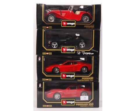 A collection of 4x Burago precision diecast 1:18 scale model cars. Comprising: 3064 Ferrari 550, 3019 Ferrari Testarossa, Dod