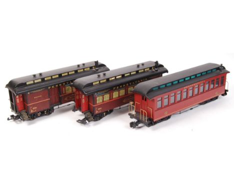 A collection of 3x G scale ' Pennsylvania ' Bachmann (and other) railway trainset carriages. Two being a pair - Raccoon &amp;