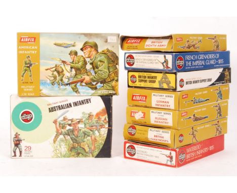 A collection of 9x vintage Airfix 1:32 scale plastic model military soldier figures. All within the original boxes. To includ