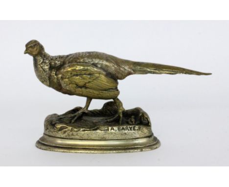 ALFRED BARYE1839- 1882 Schreitender Fasan, patinierte Bronze, auf der Plinthe signiert. L.17,5cm   ALFRED BARYE 1839- 1882 St