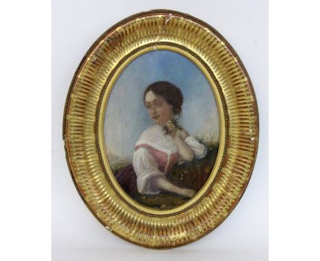 SÉGUR, GUSTAVE LOUIS DE1820 - 1881 Bildnis eines Mädchens in der Blumenwiese. Öl/Holz, oval. Verso bezeichnet und datiert: 18