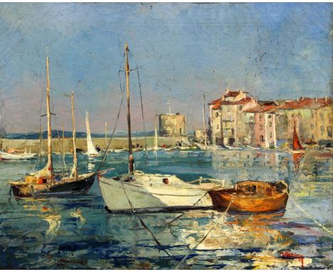 MARINEMALERFrankreich, Mitte 20.Jh. Hafen von Saint Tropez. Öl/Lwd., undeutl. signiert. 33x41cm, ohne Rahmen   SEASCAPE PAINT